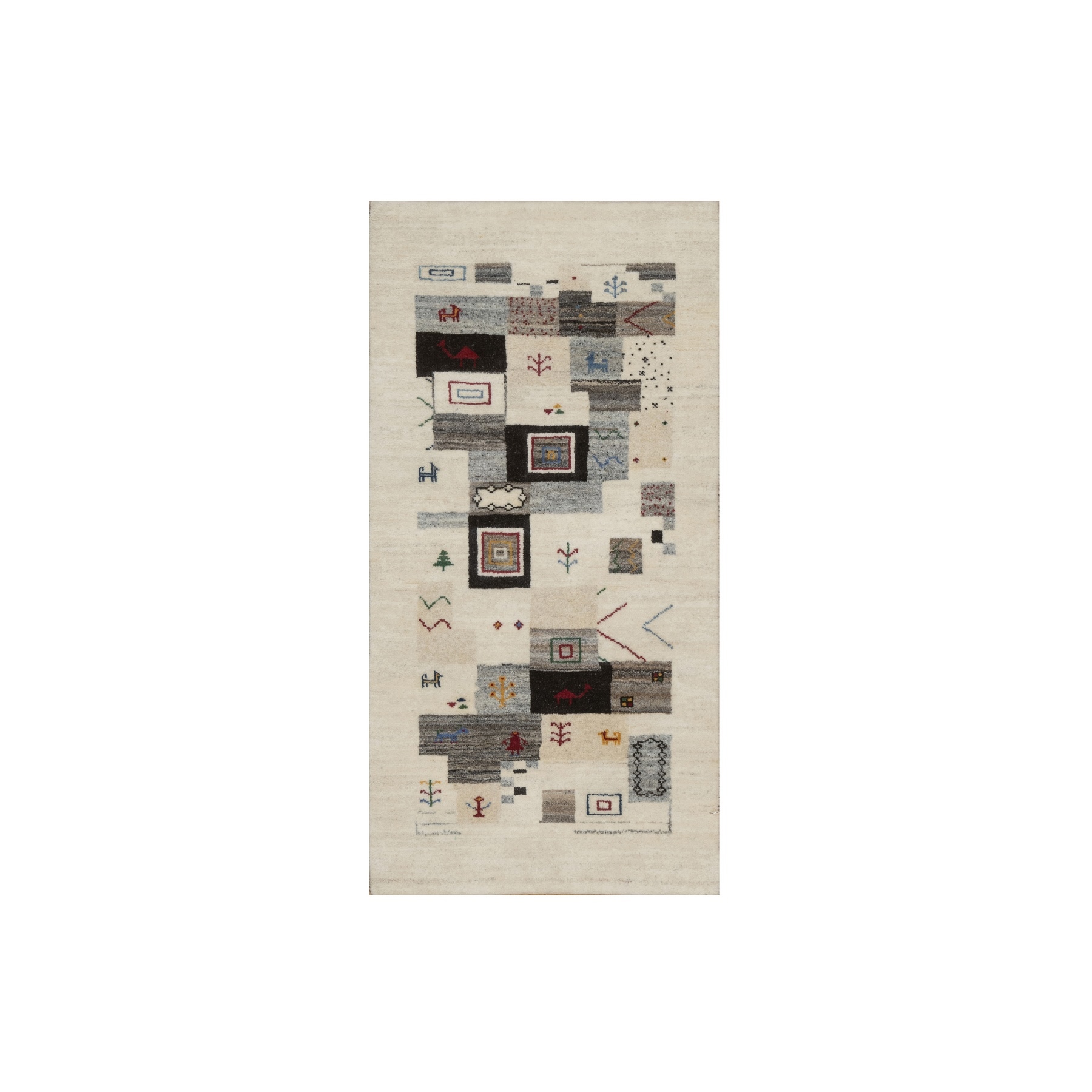 Alabaster White, Lori Buft Gabbeh with Small Animal Figurines, Thick and Plush, Modern, Pure Wool, Hand Knotted, Short Runner, Oriental Rug